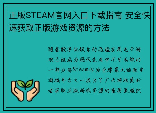 正版STEAM官网入口下载指南 安全快速获取正版游戏资源的方法